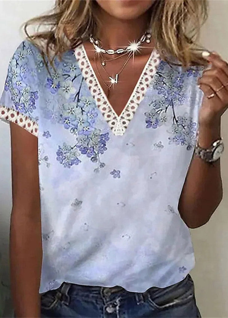 Women Blue V Neck Print Top Short Sleeve