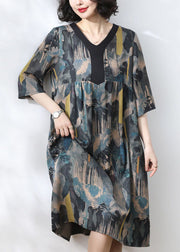 Women Blue V Neck Print Wrinkled Patchwork Silk Dress Summer