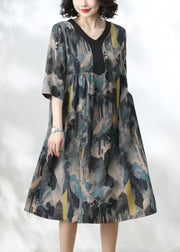 Women Blue V Neck Print Wrinkled Patchwork Silk Dress Summer