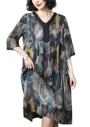 Women Blue V Neck Print Wrinkled Patchwork Silk Dress Summer