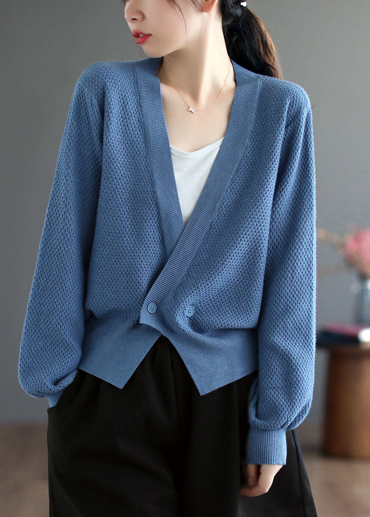 Women Blue V Neck Solid Button Knit Cardigan Fall