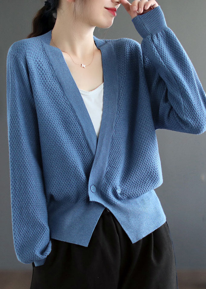 Women Blue V Neck Solid Button Knit Cardigan Fall