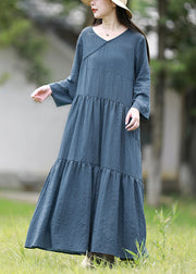 Women Blue V Neck Solid Patchwork Cotton Long Dresses Spring