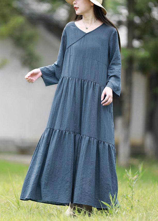 Women Blue V Neck Solid Patchwork Cotton Long Dresses Spring