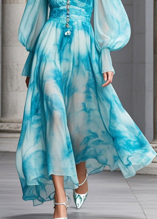 Women Blue V Neck Tie Dye Chiffon Maxi Dresses Fall