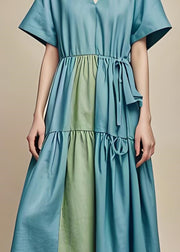 Women Blue V Neck Wrinkled Patchwork Cotton Dress Summer