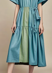 Women Blue V Neck Wrinkled Patchwork Cotton Dress Summer