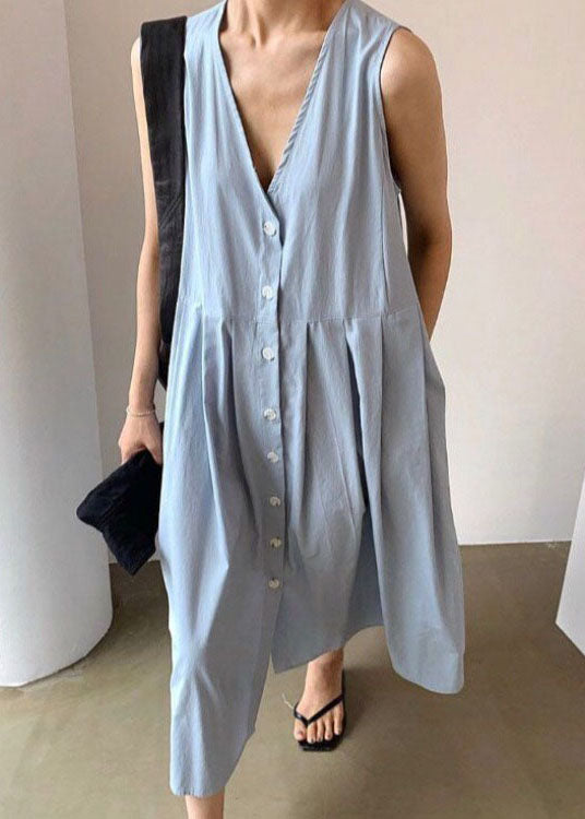 Women Blue Wrinkled Button Patchwork Wear On Both Sides Cotton Dresses Sleeveless