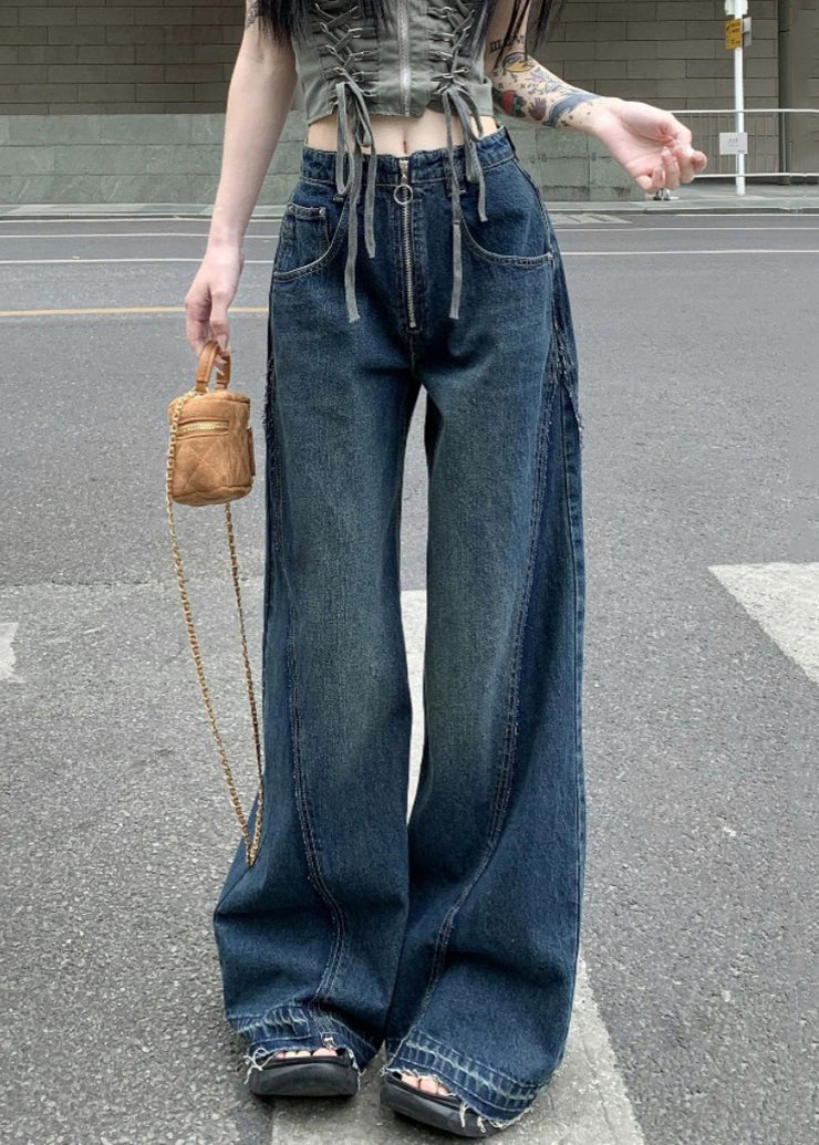 Women Blue Zip Up Pockets Denim Wide Leg Pants Summer