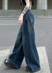 Women Blue Zip Up Pockets Denim Wide Leg Pants Summer