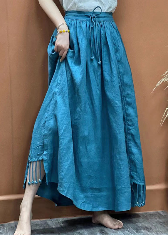 Women Blue elastic waist drawstring Tassel Pockets Linen Skirts Spring