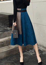 Women Blue zippered High Waist Patchwork Faux Suede Skirts Fall