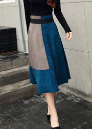 Women Blue zippered High Waist Patchwork Faux Suede Skirts Fall