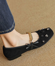 Women Bow Nail Bead Flat Feet Shoes Black Suede