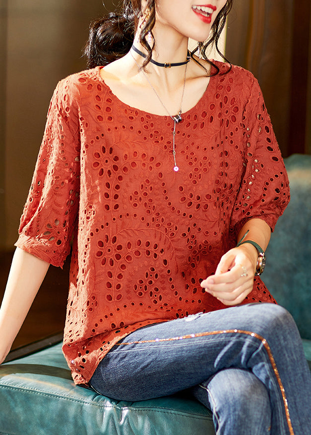 Women Brick Red O Neck Hollow Out Cotton T Shirt Half Sleeve