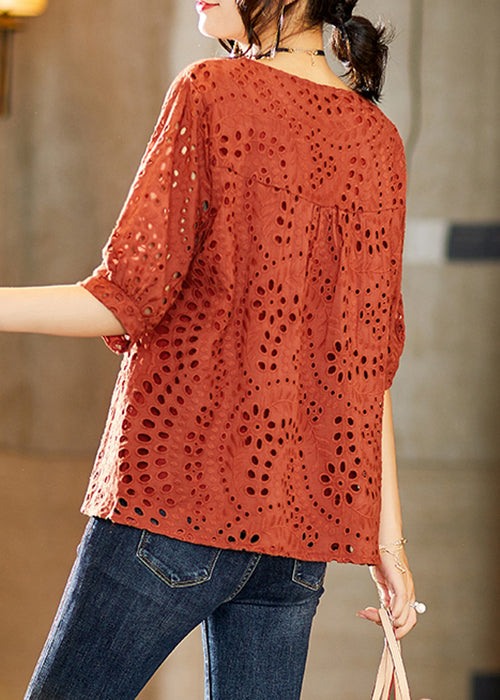 Women Brick Red O Neck Hollow Out Cotton T Shirt Half Sleeve