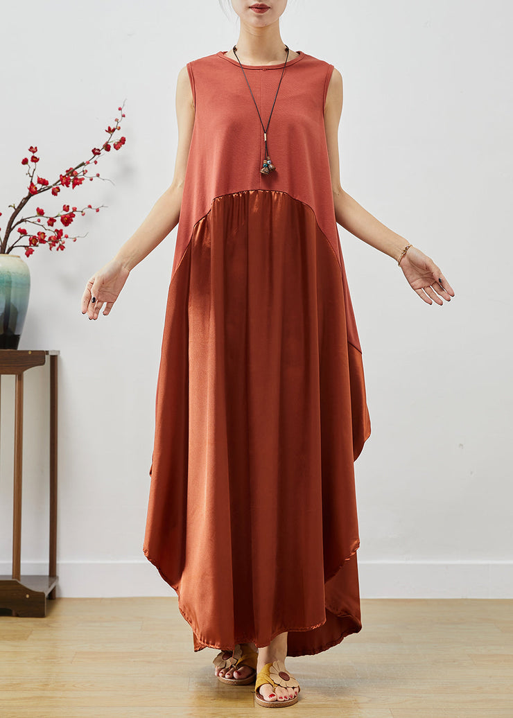 Women Brick Red Oversized Patchwork Silk Long Dress Sleeveless