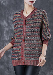 Women Brick Red Oversized Striped Knit Cardigans Spring