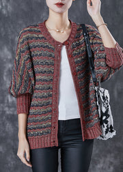 Women Brick Red Oversized Striped Knit Cardigans Spring