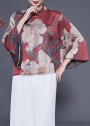 Women Brick Red Stand Collar Print Chinese Button Silk Shirt Flare Sleeve