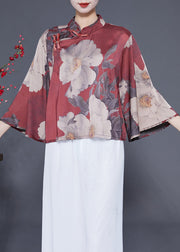 Women Brick Red Stand Collar Print Chinese Button Silk Shirt Flare Sleeve