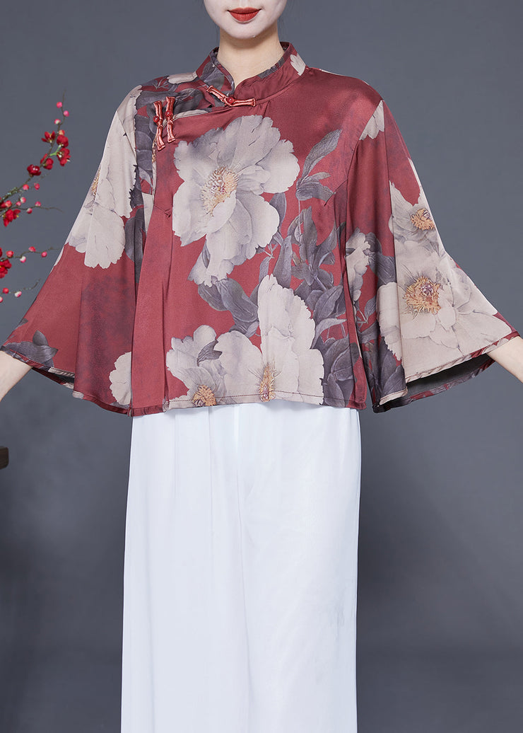 Women Brick Red Stand Collar Print Chinese Button Silk Shirt Flare Sleeve