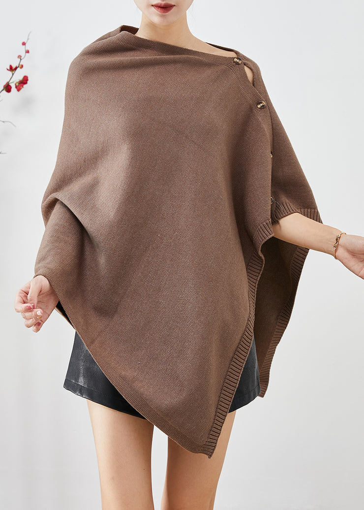 Women Brown Asymmetrical Button Down Knit Pullover Winter