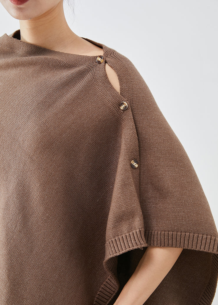 Women Brown Asymmetrical Button Down Knit Pullover Winter