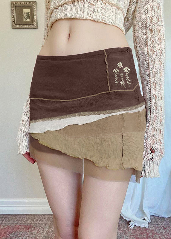 Women Brown Asymmetrical Embroideried Tulle Patchwork Skirt Summer