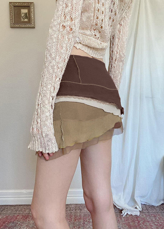 Women Brown Asymmetrical Embroidered Tulle Patchwork Skirt Summer