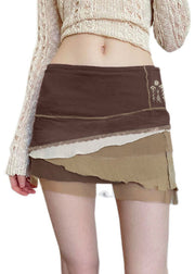 Women Brown Asymmetrical Embroidered Tulle Patchwork Skirt Summer