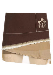 Women Brown Asymmetrical Embroidered Tulle Patchwork Skirt Summer