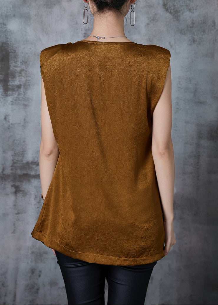 Women Brown Asymmetrical Patchwork Silk Beach Vest Summer