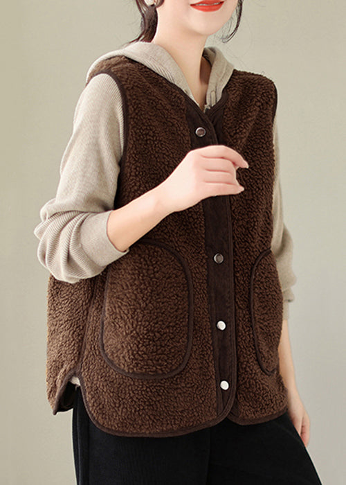 Women Brown Button Pockets Teddy Faux Fur Waistcoat Sleeveless