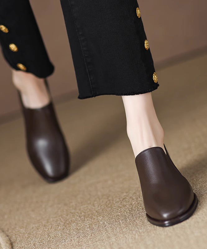 Women Brown Cowhide Leather Chunky Heel Penny Loafers