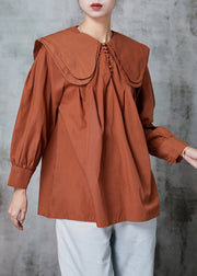 Women Brown Double-layer Collar Cotton Shirt Top Spring