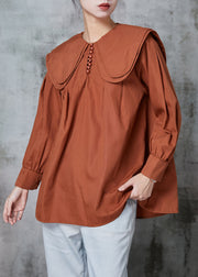 Women Brown Double-layer Collar Cotton Shirt Top Spring