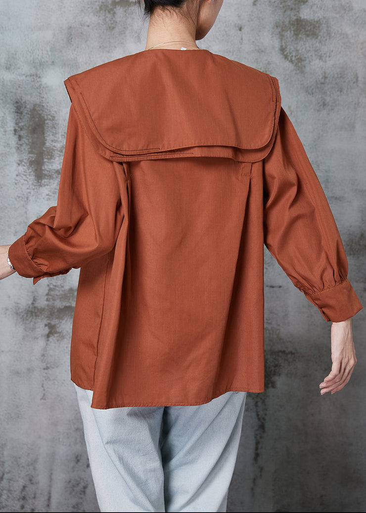 Women Brown Double-layer Collar Cotton Shirt Top Spring