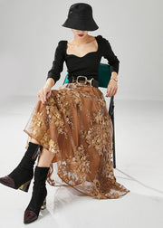 Women Brown Elastic Waist Embroidered Tulle Skirts Fall