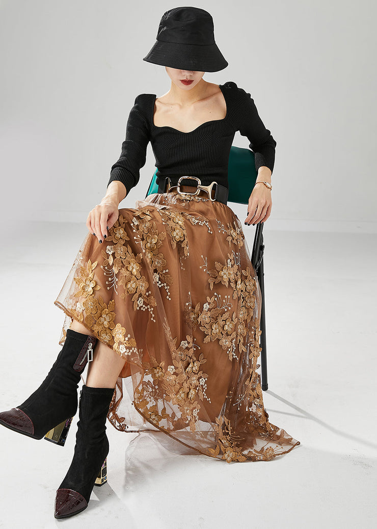 Women Brown Elastic Waist Embroidered Tulle Skirts Fall