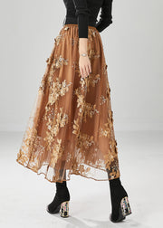 Women Brown Elastic Waist Embroidered Tulle Skirts Fall