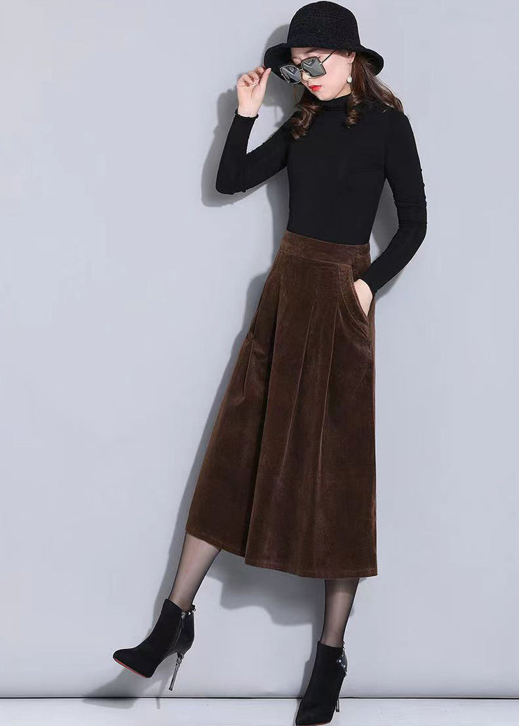 Women Brown Elastic Waist Pockets Corduroy A Line Skirts Spring