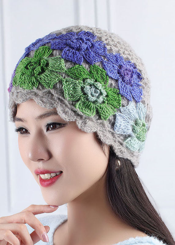 Women Brown Floral Knitted Cotton Bonnie Hat