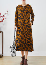 Women Brown Hooded Leopard Print Cotton Dresses Spring