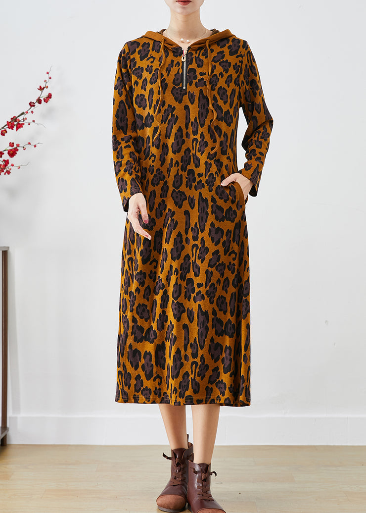 Women Brown Hooded Leopard Print Cotton Dresses Spring