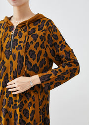 Women Brown Hooded Leopard Print Cotton Dresses Spring