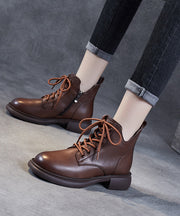 Women Brown Lace Up Chunky Boots Cowhide Leather Ankle boots