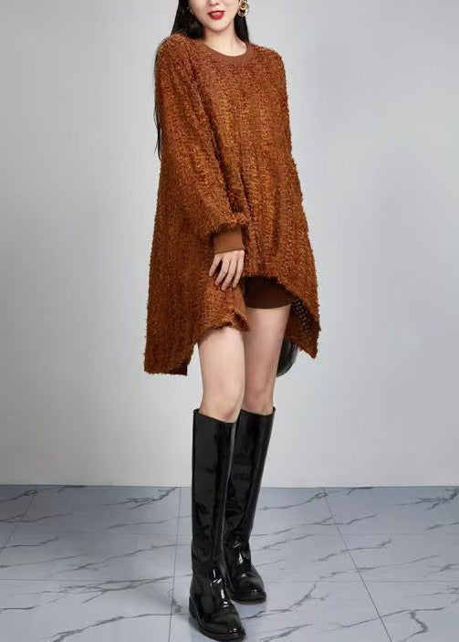 Women Brown O-Neck Low High Design Tops Fall