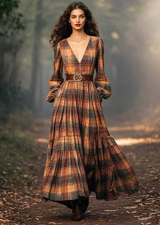 Women Brown Plaid Exra Large Hem Cotton Cinched Dresses Spring