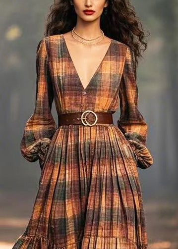 Women Brown Plaid Exra Large Hem Cotton Cinched Dresses Spring